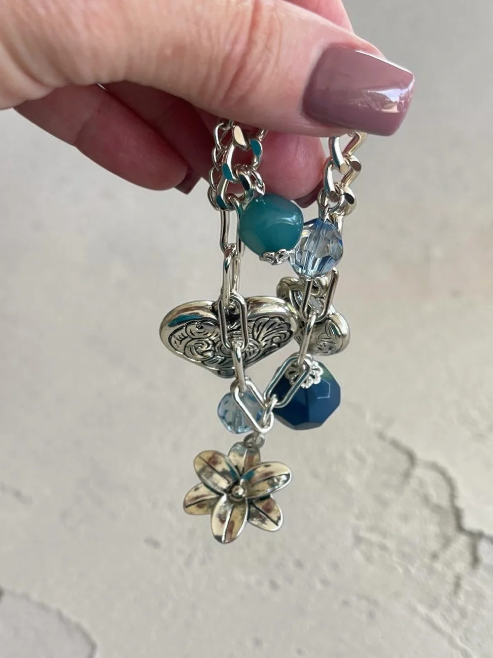 Chunky Silver Tone Heart Floral Charm Bracelet Blue Glass Beads
